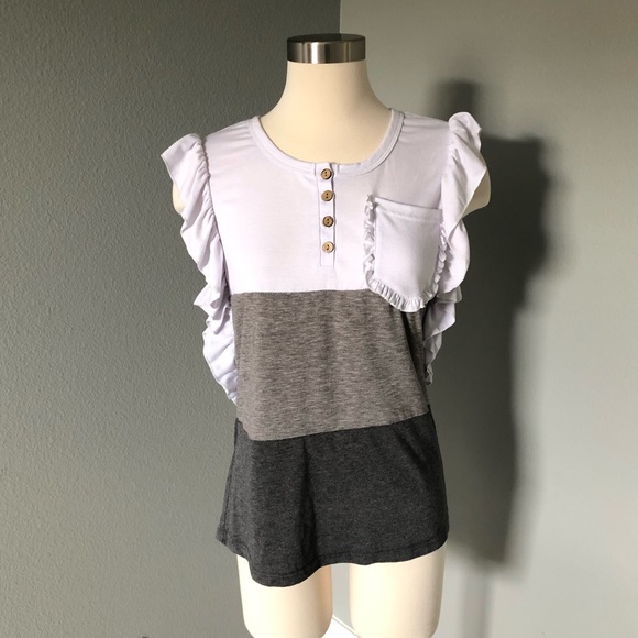 Ruffle Sleeve Color Block 1/4 Button-Down Pocket T-Shirt Top Blouse - Picture 13 of 16